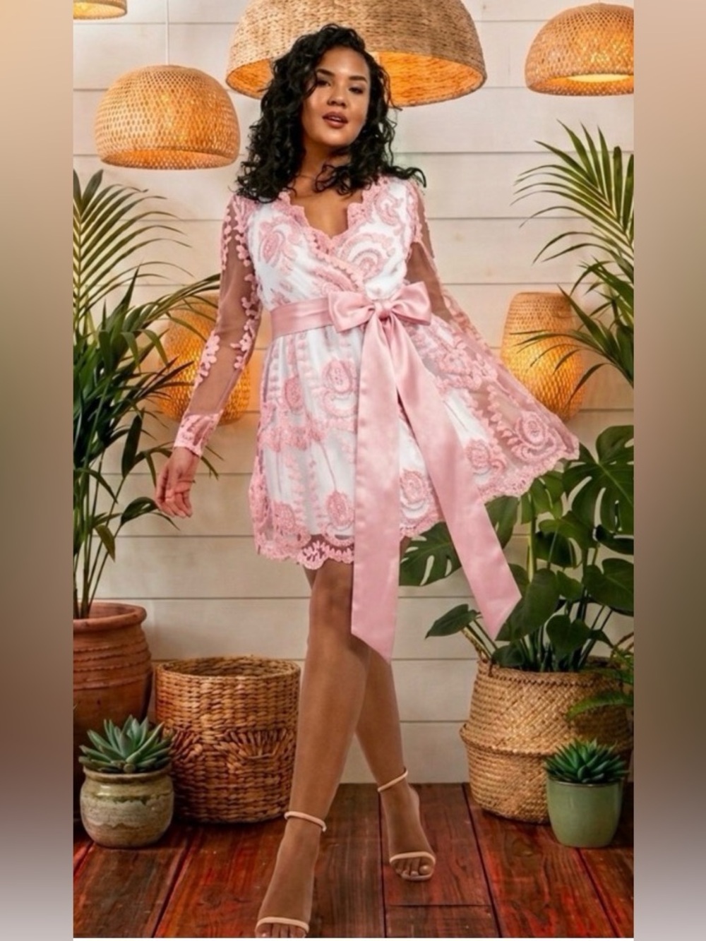 Boohoo Plus Blush Sheer Lace Mini Dress with White Embroidery